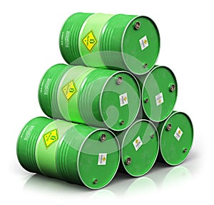 Group of green biofuel drums isolated on white background