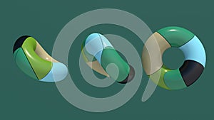 Group of green, blue, black, beige circle shapes rotating. Abstract animation, 3d render.