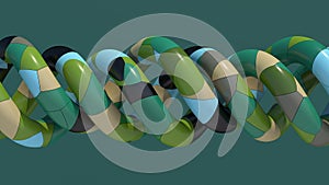 Group of green, blue, black, beige spirals, green background. Abstract illustration, 3d render