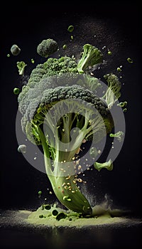 Group of Green Broccoli Vegetable Creatively Falling-Dripping Flying or Splashing on Black Background Generative AI