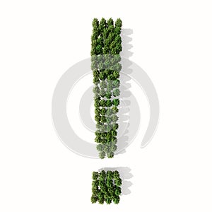 Group of green forest tree isolated on white background, exclamation mark