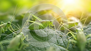 A group of green grasshoppers on a leaf.