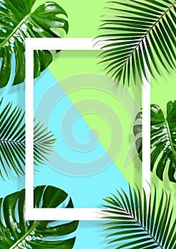 Group of green leaf frame on green and blue background