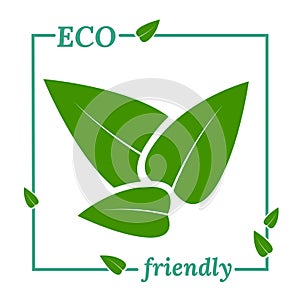 Group of green leaves in frame. Concept of assistance and protection of nature. ECO friendly text. Vector illustration for sticker