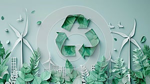 A group of green leaves tightly encircle a green recyclament in a nature-themed display photo