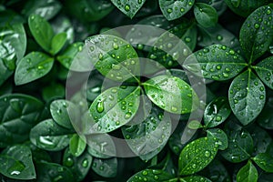 Group of green leaves with water droplets natural wallpaper background