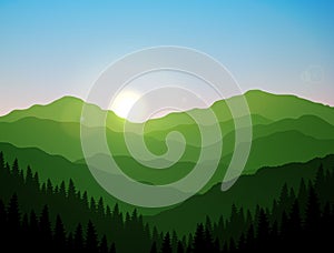 Sunrise Green Mountains And Hills Vector Art photo