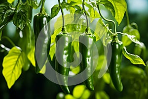 Group of green peppers hanging from plant. Generative AI