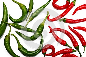Group of green and red chili peppers, close up