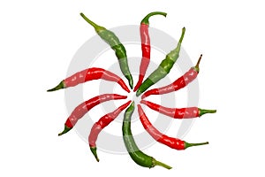 Group of green and red chili peppers, close up