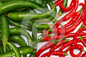 Group of green and red chili peppers, close up