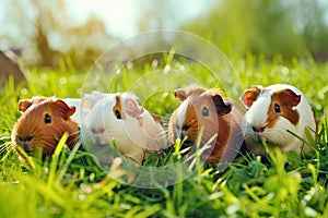 A group of guinea pigs happily munching on grass in a sunny meadow
