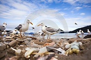 group of gulls pecking at tideline debris on a beach