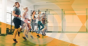 Group, gym exercise and cardio training or fitness, workout and class, club or team running or challenge, practice or