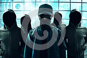 Group of hacker in computer room photo