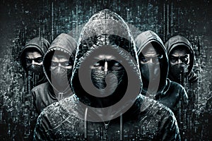 Group of hackers, hooded men with computer code background, all wearing hoods and masks, all staring at the camera