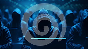 Group of hackers or scammers using laptop computers doing cyber warfare on dark technology background, phising, cyber attack and