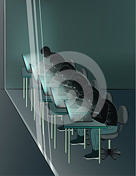 Group of hackers is sitting at the laptops in th room, vertical vector illustration