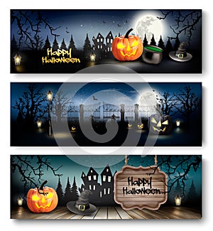 Group of Halloween banners with pumpkins and moon.