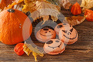 Group of Halloween mini pumpkin shaped pies, overhead scene on r