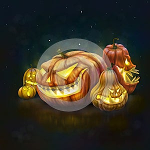 Group of halloween pumpkins on dark night backgroun