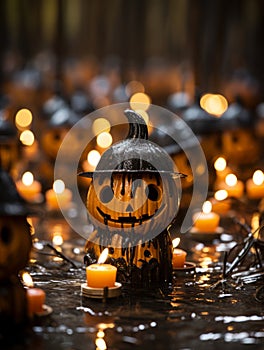 a group of halloween pumpkins surrounded by candles