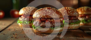 Group of Hamburgers on Wooden Table