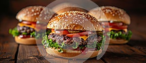 Group of Hamburgers on Wooden Table