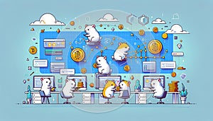 group of hamsters are sitting at table with computers trading bitcoins. Crypto currency concept