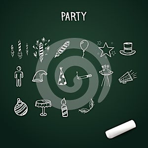 Group of hand-drawn party icons, doodle objects with chalk