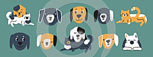 Group of hand drawn vector dogs or puppies with cats. Faces and pets can be used for children books or as print for clothes