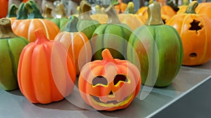 Group of hand painted colorful decoration clay pumpkins for Halloween