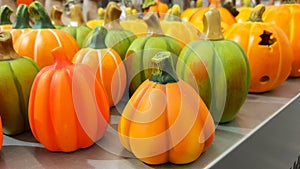 Group of hand painted colorful decoration clay pumpkins for Halloween