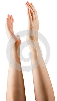 Group of hands applauding on white background