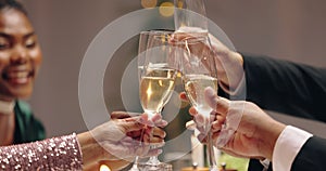 Group, hands and champagne toast for new year, celebration and party with business people in night. People, men and