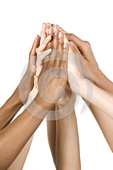 Group of Hands Coming Together. Isolated on White.