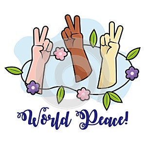 Group of hands of different ethnical people World peace Vector