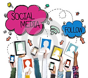 Group of Hands Holding Digital Devices with Social Media Concept