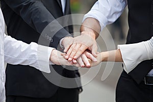 Group of hands together of young business people. Stack of coordination hands Success Teamwork