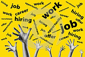 group hands trying to reach job offers over a yellow background - looking for work - job opportunity