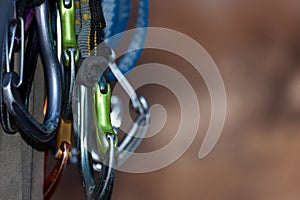 Group of Hanging Carabiners for Climbing