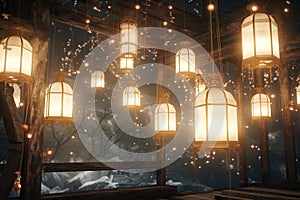 Group of hanging Christmas lantern lamps outside