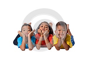 Group of happy asian children lying on floor isolated white background