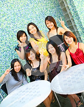 Group Of Happy Asian Girl With Peace Sign