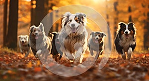 Group of happy Australian Shepherd dogs running against a forest background.