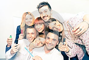 Group of happy business people taking selfie at office