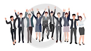 Group of happy businessman and businesswoman team raising hand celebrating success in flat icon design