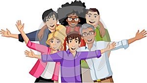 Group of happy cartoon young people.