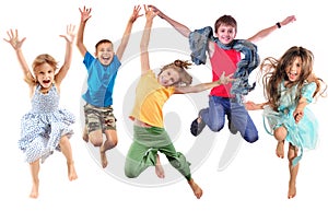 Group of happy cheerful sportive children jumping and dancing