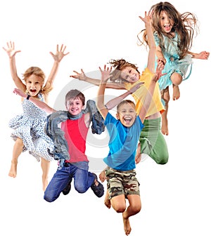 Group of happy cheerful sportive children jumping and dancing